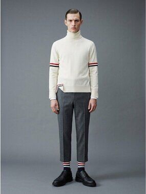 Thom Browne M Wool Turtleneck Ivory Wool Sweater Nautical Stripe Accents